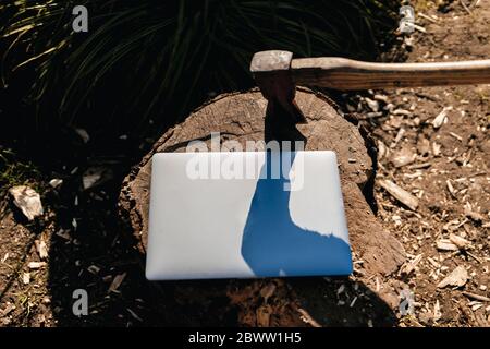 Laptop beside axe on tree stump Stock Photo
