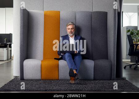 Mature businessman sitting on couch in office using laptop Stock Photo