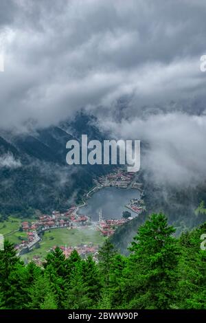 Uzungol lake view (Long lake) top view of the mountains and lake in Trabzon. Popular summer destination for tourists. Stock Photo