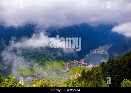 Uzungol lake view (Long lake) top view of the mountains and lake in Trabzon. Popular summer destination for tourists. Stock Photo