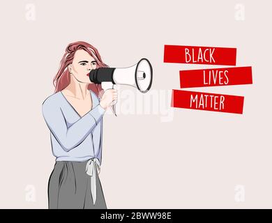 Woman leader with electric megaphone protesting against racism. Anti  discrimination, stop xenophobia, universal solidarity, equal rights, tolerance s Stock Vector