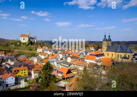 Germany, Bavaria, Gossweinstein, Houses surrounding Pilgrimage Church of Holy Trinity Stock Photo