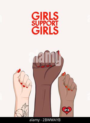 Girls support girls, woman arm divercity equality poster. Feminist power poster. Anti-discrimination, stop racist active social print. Girl power bann Stock Vector