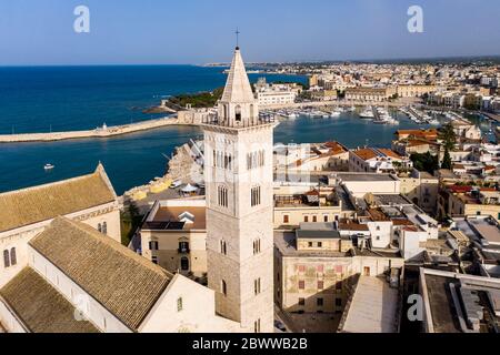 Italy, Province of Barletta-Andria-Trani, Trani, Helicopter view of Trani Cathedral tower Stock Photo