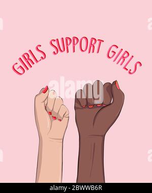 Girls support, woman anti racist power quote, feminist slogan.  Solidarity movement. Stop Racism, xenophobia, discrimination,  intolerance vector conc Stock Vector