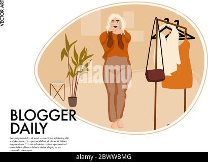 Fashion video blogger , woman with wardrobe illustration. Cartoon character at home dressing in shopping apparel . Online shopping vector art. Stock Vector