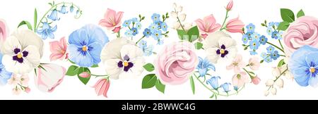Vector horizontal seamless border with pink, white and blue lisianthuses, pansies, bluebells and forget-me-not flowers on a white background. Stock Vector
