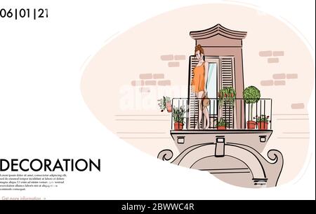 Hand-drawn attractive woman standing on balcony  with flowers, stay home isolation illustration. Cartoon character print in vector, social media adver Stock Vector
