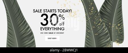 Vector  Ficus realistic leaves with gold splashes  tropical leaves on light background, summer sale promotion. Exotic botanical background design for Stock Vector