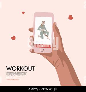 People with smartphone training, home workout flat vector illustration. Women online sport exercise , cardio, yoga class cartoon character art. Social Stock Vector