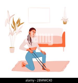 Sport training at home , woman character doing training with fitness loop bands indoor illustration. Workout self isolation advertising for social med Stock Vector