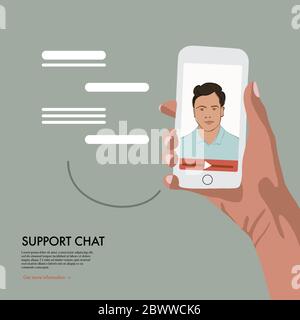 Video chat with online assistant . Virtual technical support service, personal assist and hotline operator communication. Distance helping customer or Stock Vector