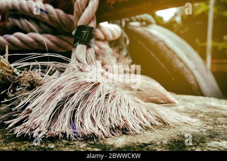 Close up, Old Rope Tip with  Light Leak. Stock Photo