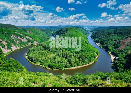 A bend in the river Saar, also known as Saarschleife near the German city of Mettlach. Stock Photo