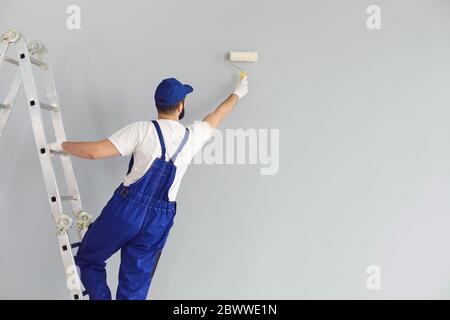 Back view. Painter painting grey wall. Professional builder makes repairs. Stock Photo