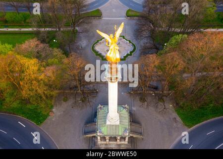 Germany, Bavaria, Munich, Drone view of Angel of Peace monument standing in Maximilian Park Stock Photo