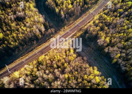 Forest road and railroad crossing. High angle aerial view at sunset Stock Photo