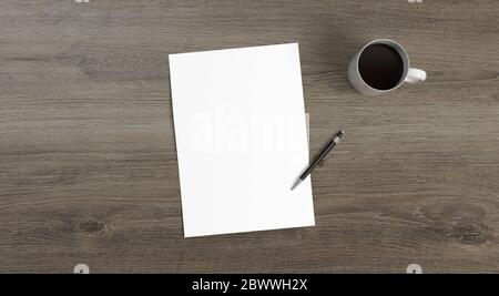 A4 paper, pen and cofee cup on wooden table 3D rendering Stock Photo