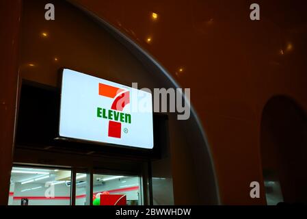 BANGKOK, THAILAND - DECEMBER 13, 2018: Seven Eleven sign, It's a famous convenience store in Thailand and opened its first 7-Eleven store in 1989. Stock Photo