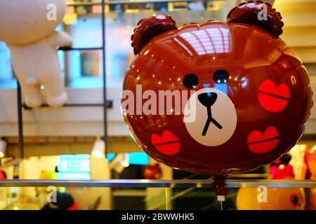 SEOUL, SOUTH KOREA - DECEMBER 24, 2018:  Brown Bear face Balloon, Brown is a famous LINE friends character. It's launched in 2011. Stock Photo