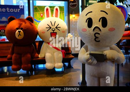 SEOUL, SOUTH KOREA - DECEMBER 30, 2018:  Brown, Cony, and Moon are famous LINE friends characters. It's launched in 2011. Stock Photo