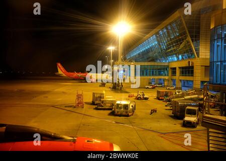SEOUL, SOUTH KOREA - DECEMBER 30, 2018: Scenery of Incheon international Airport at night from Airplane Window. It's a main airport of Seoul, South Ko Stock Photo