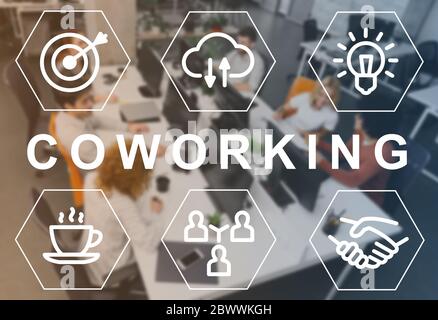 Coworking concept. Collage with icons and diverse people discussing project at office Stock Photo