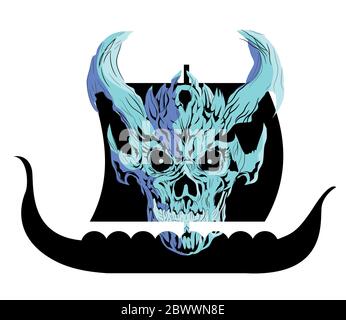 Vector image of a Viking ship silhouette with a white skull superimposed isolated on white Stock Vector