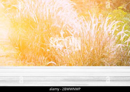 White Wood Table with Grass Field with Light Leak Background, Suitable for Product Display and Business Concept. Stock Photo