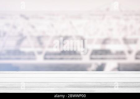 White Wood Table with Blurred Scenery of Railway Background, Suitable for Product Display. Stock Photo