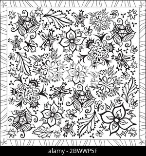 Coloring Page Illustration in Square Format, Various Flowers and Leaves, Foliage Design - Blossom - Black and White Stock Vector