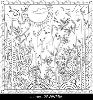 Coloring Page Illustration in Square Format for Adults, Bamboo, Circles and Sunset Design Stock Vector