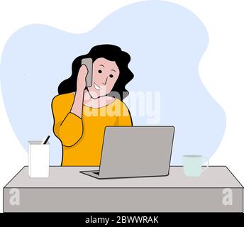 Woman working in home office cartoon. Stock Vector