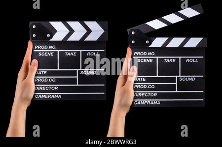 Set of film clapper boards and human hands isolated on black background Stock Photo