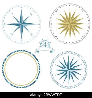 Set of nautical symbols, compass rose - vector illustration Stock Vector