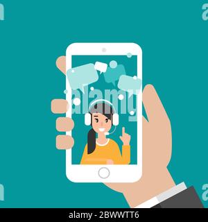 Hand holds smartphone with operator and speech bubbles on screen. flat vector illustration on blue background. girl with headset on mobile. consulting Stock Vector