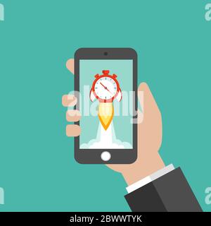 Hand holding smartphone with red stopwatch rocket ship on the screen. Fast time stop watch, limited offer, deadline symbol. Vector illustration on blu Stock Vector