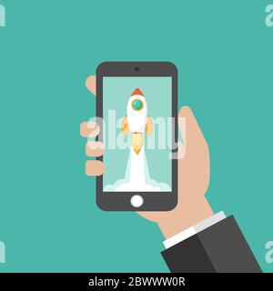 Hand holding smartphone rocket or shuttle on the screen. Fast growth, development, business, limited offer, deadline symbol. Vector illustration on bl Stock Vector