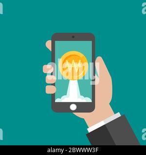 Hand holding smartphone with gold korean won coin as rocket on the screen. Income growth. Financial success. Vector illustration on blue. Time to work Stock Vector