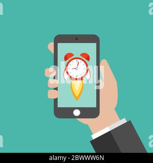 Hand holding smartphone with red alarm clock rocket ship on the screen. Fast time stop watch, limited offer, deadline symbol. Vector illustration on b Stock Vector
