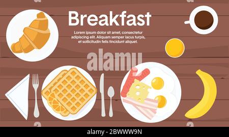 Vector Illustration of a Breakfast Table, with different breakfast items Stock Vector