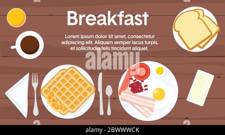 Vector Illustration of a Breakfast Table, with different breakfast items Stock Vector