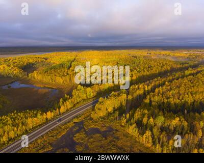 Alaska Route 3 aka George Parks Highway and Alaska landscape aerial view in fall with the morning sun light, at the south of Denali State Park, USA. Stock Photo
