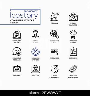 Computer attacks - colorful line design style icons Stock Vector
