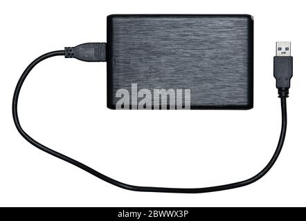 Isolated Black External Hard Disk (HDD) With USB Cable On A White Background Stock Photo
