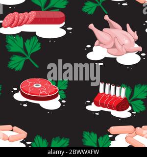 seamless pattern of meat chicken sausage sausage steak ribs on a black background. Vector image Stock Vector