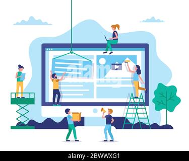 Website construction, web design concept illustration in flat style. People working on website. Characters doing various tasks, teamwork. Stock Vector