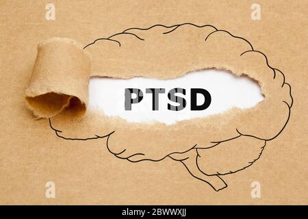 Printed acronym PTSD Post Traumatic Stress Disorder appearing behind torn brown paper in human brain drawing concept. Stock Photo