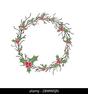 Wreath from black branches and twigs with red holly berries raceme. Christmas garland good for greeting cards. Winter holiday vector illustration isol Stock Vector