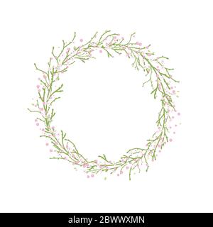 Round Wreath with green branches and pink flowers. Spring bloom garland. Tender design for greeting cards and wedding decoration. Vector illustration. Stock Vector